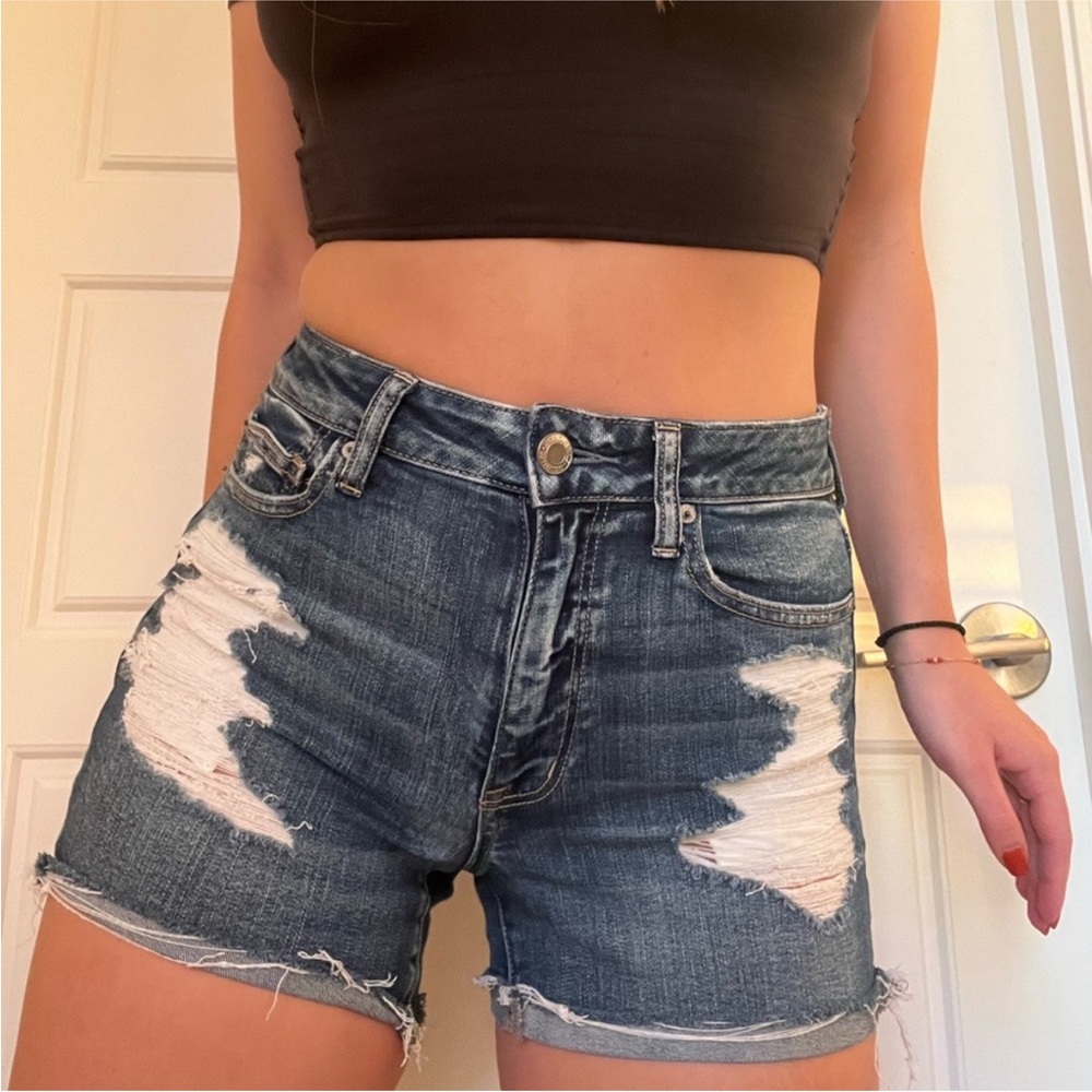 High Rise Denim Distressed Women's Shorts - Picture 2 of 11
